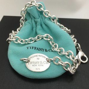 17” Plus Size Return To Tiffany Oval Tag Choker Necklace Pendant in Silver
